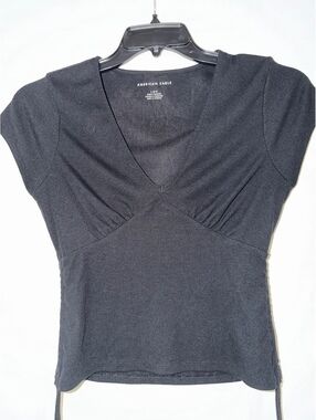 American Eagle Women’s L Black Ribbed Deep V Neck Empire Waist Y2K Top